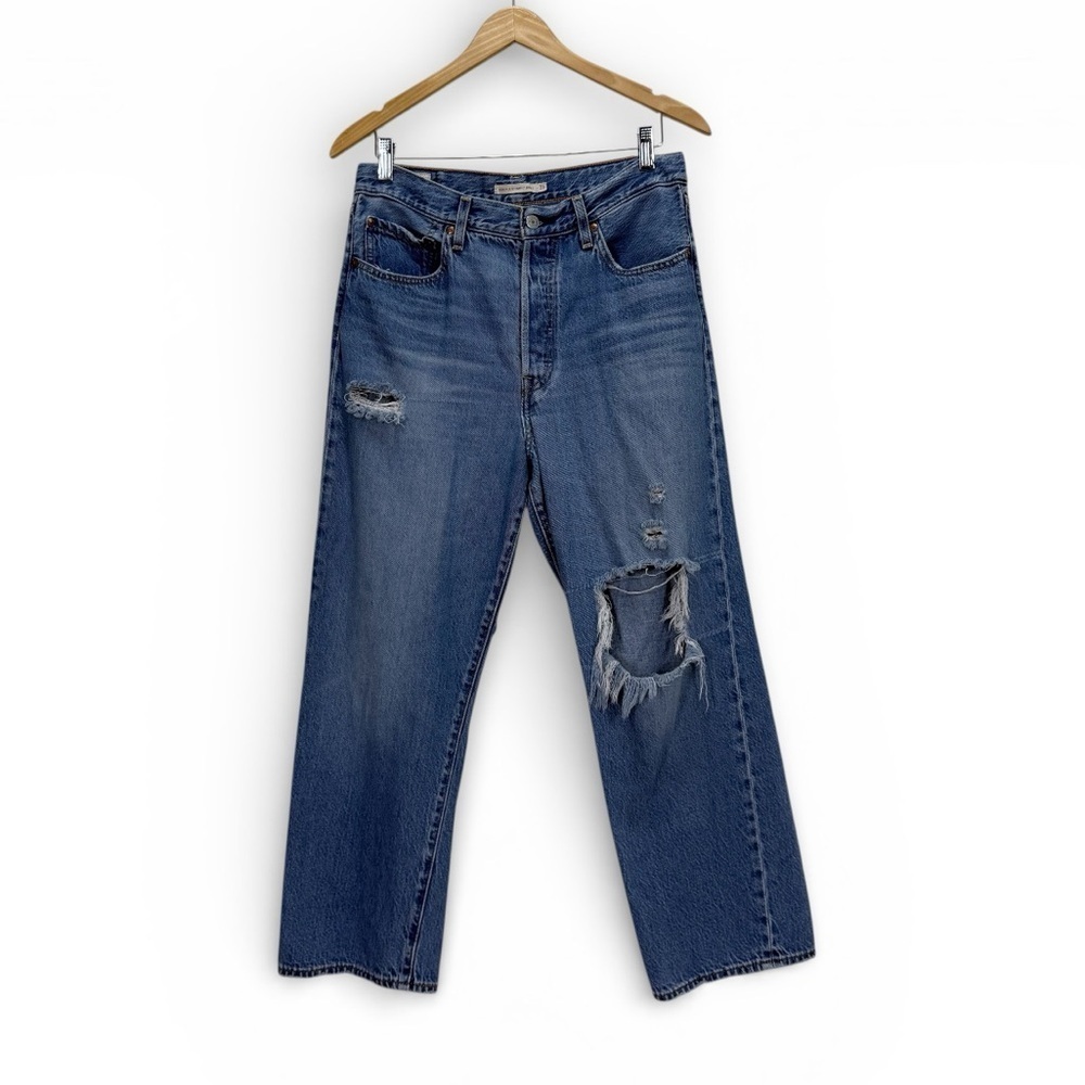 Levi’s Premium Ribcage Straight Ankle Jeans Women’s 31 High Rise Distressed Blue - Picture 1 of 14